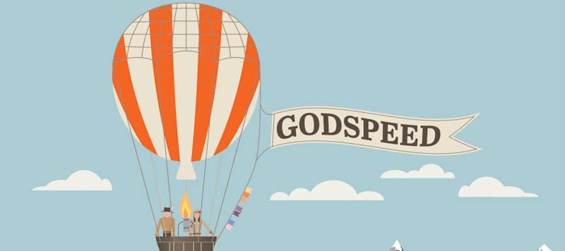 godspeed banner floats from hot air balloon