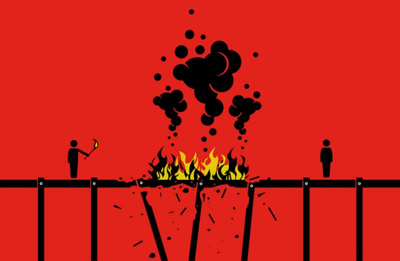 doodle person sets fire to bridge graphic art