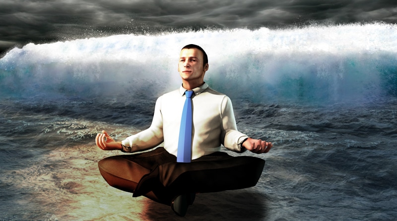 man meditates in the ocean as dark clouds and waves come