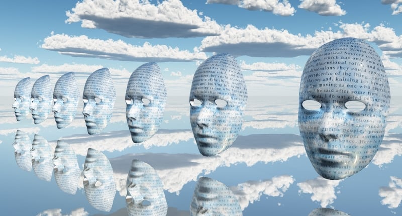 science fiction style art heads among clouds