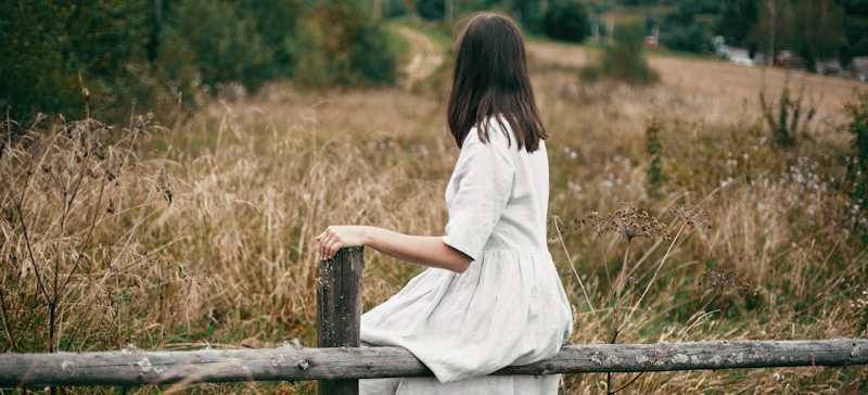 girl sits on a fence in a meadow