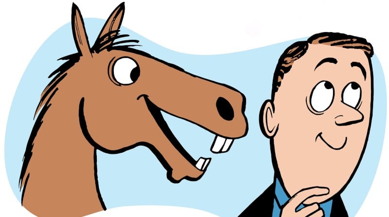 horse telling something into mans ear drawing
